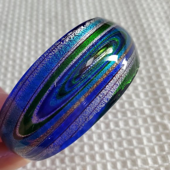 Murano Style Venetian Art Glass Cuff Bracelet Cobalt Blue Metallic Galaxy Swirl - Picture 1 of 6
